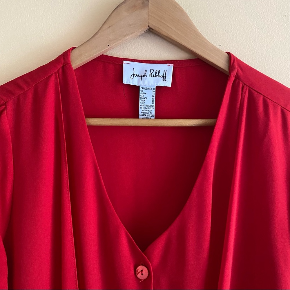 Joseph Ribkoff Red Tie Front Blouse Size 8 Chiffon V Neck 3/4 Sleeve Office - Picture 5 of 15